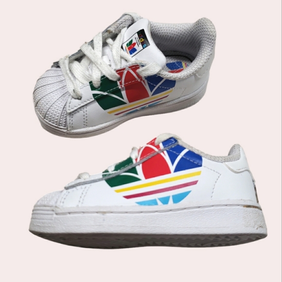 Adidas Superstar Shell Top Sneakers White/Multi Color Trefoil Size 5K - Picture 3 of 4